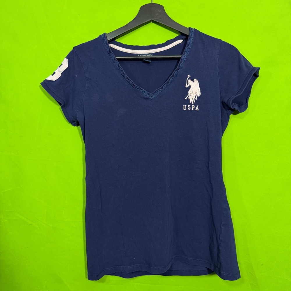US Polo Assn Womens Navy Blue V-Neck Lace Trim Logo T-Shirt Size S